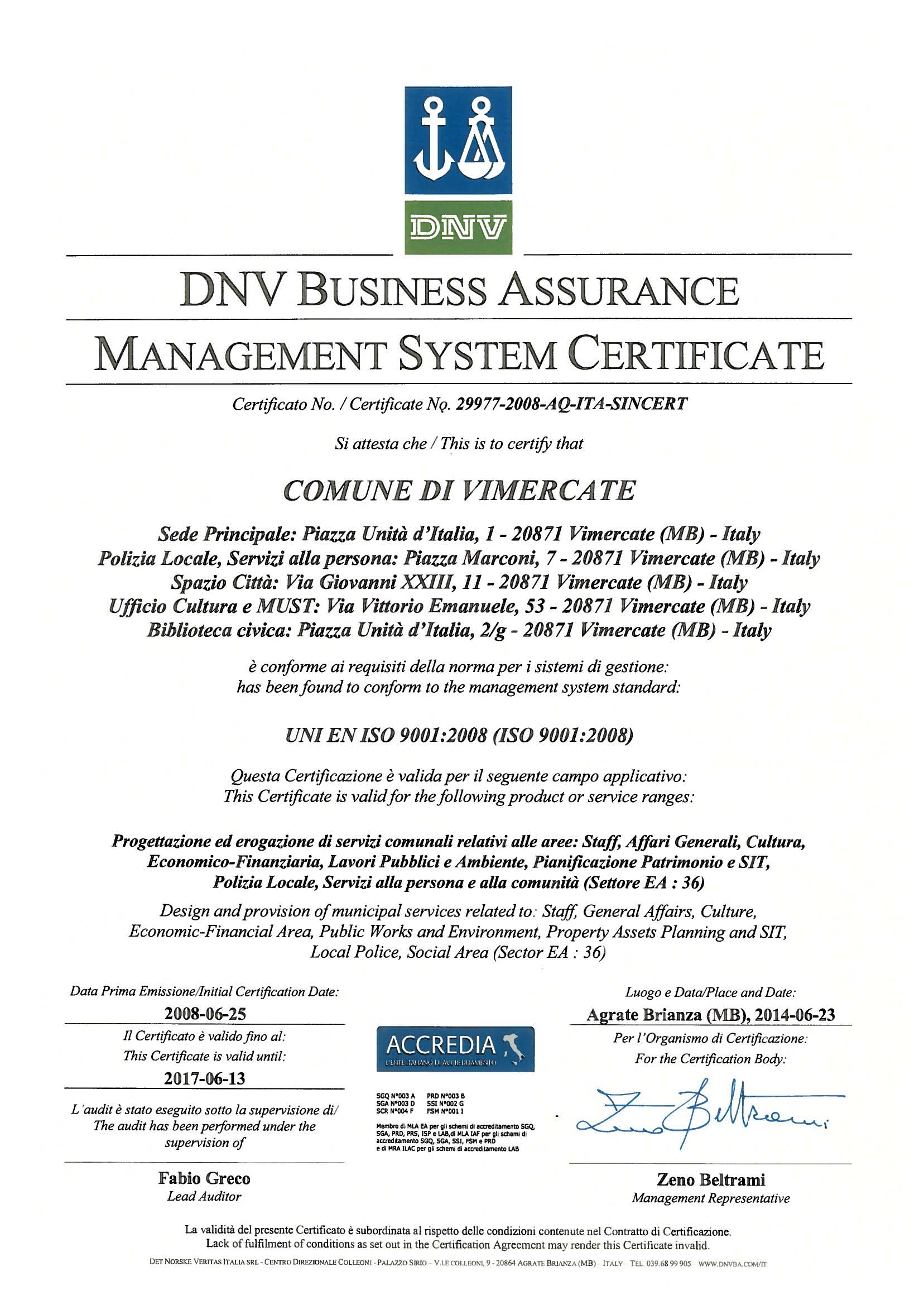 Certificato qualità ISO 9001 2014